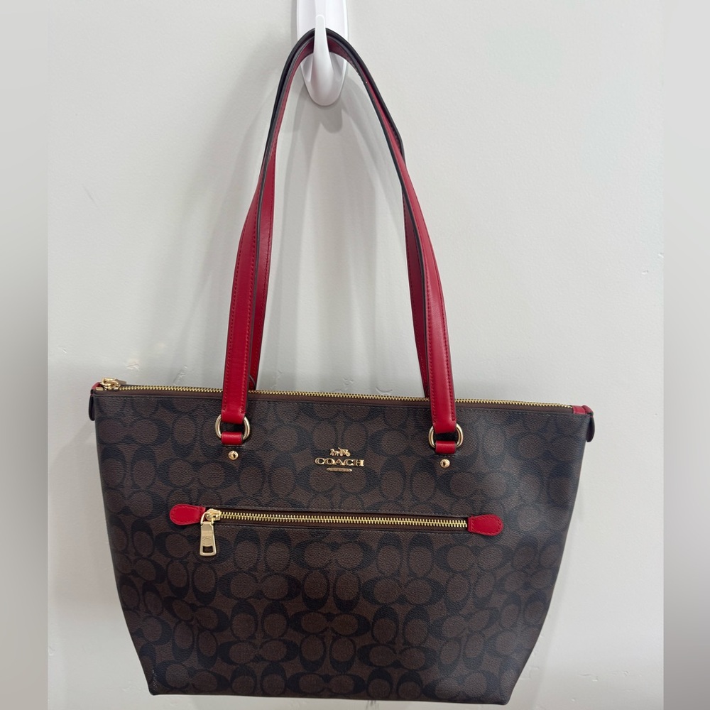 Coach Signature Brown Tote with Red Accents! Very gently used and classy:)